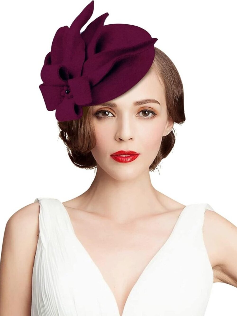 Women's Wool Felt Flower Pillbox Hat British Wedding Church Derby Hats Wine Red